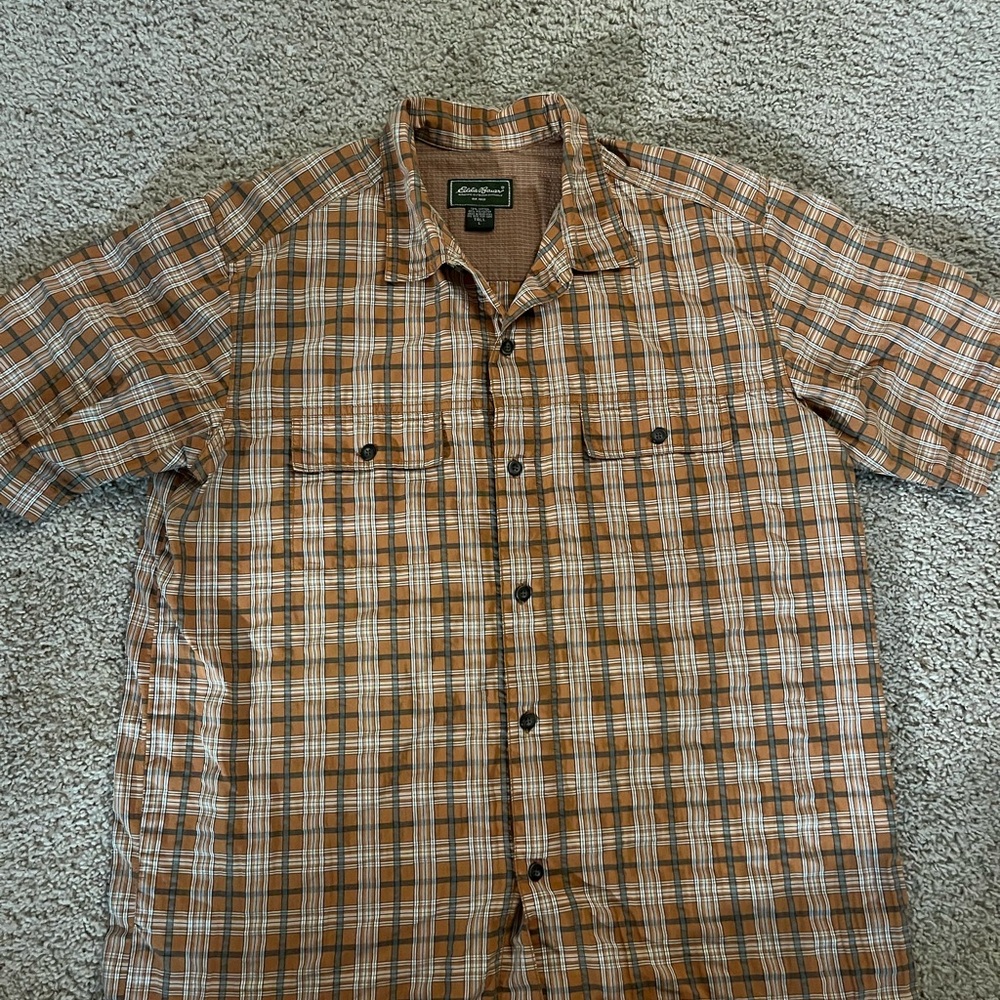 Eddie Bauer Men’s Orange & White Plaid Short Sleeve Button-Up Shirt